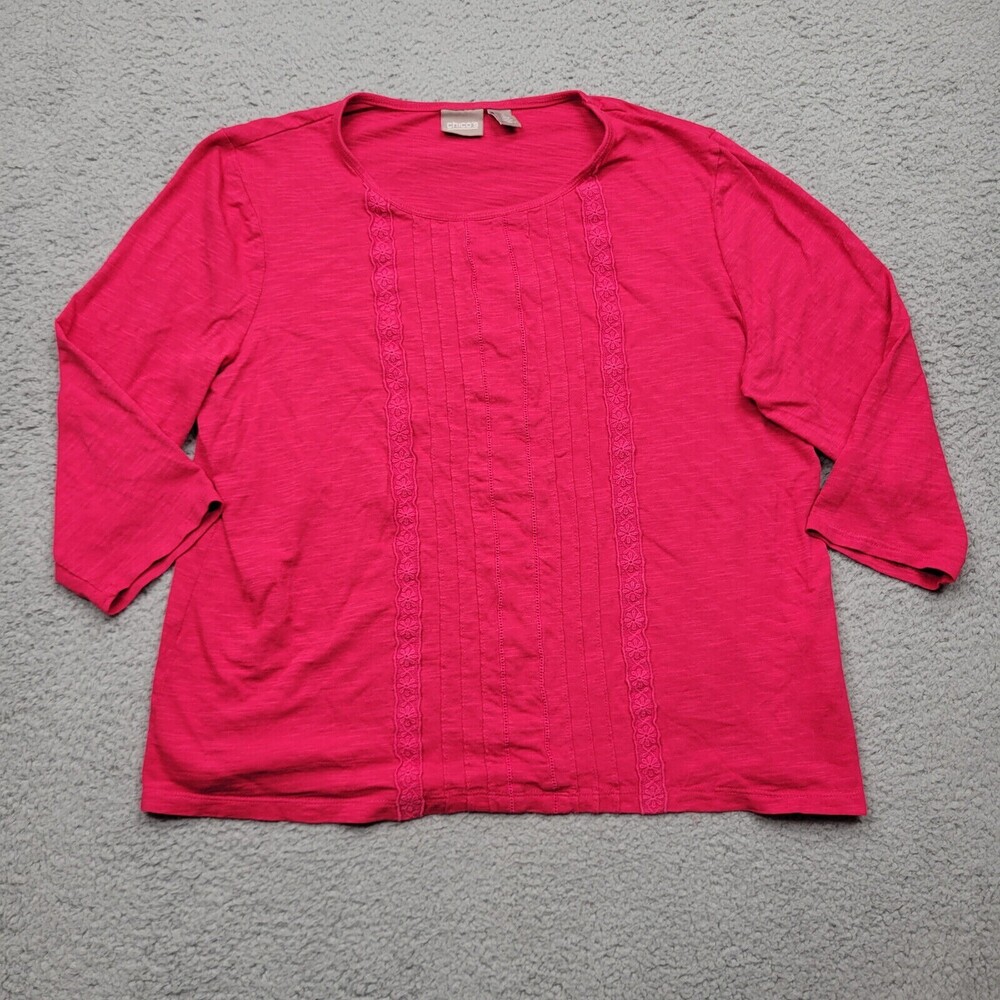 Chico's Shirt Womens 2 US Medium Pink Red 3/4 Sleeve Round Neck Pullover Top